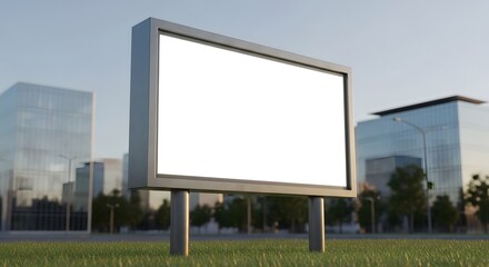 Fototapeta premium Blank outdoor billboard mockup in a city park with modern glass buildings and blue sky in background.
