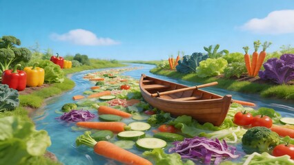 Obraz premium Boat floating on vegetable filled river