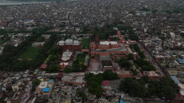 Aerial view of Shri Krishna Janmabhoomi Temple and Idgah Mosque of Mathura, India.