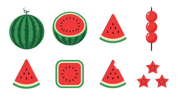 Watermelon slices and whole fruit isolated on transparent background summer food.