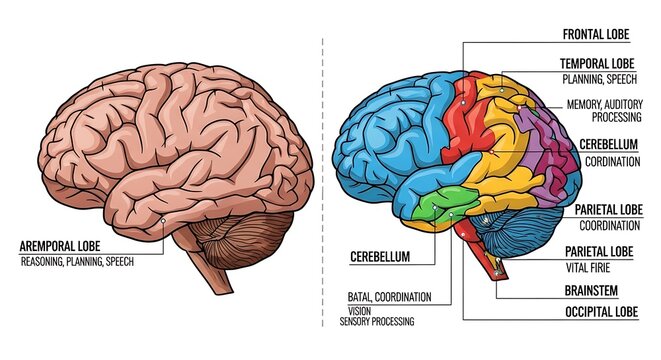 Colored Human Brain Diagram Side View with Labeled Lobes and Cerebellum