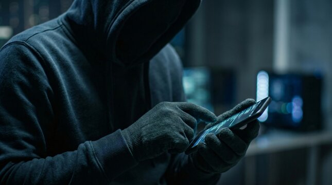 Man hacker in hood using smartphone for cyber attack. Criminal stealing digital data on mobile device. Internet security fraud, online identity theft, cybercrime criminal activity concept.