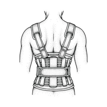 Medical back brace for spine support and posture correction hand drawn illustration.