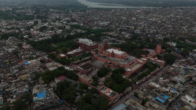Aerial view of Shri Krishna Janmabhoomi Temple and Idgah Mosque of Mathura, India.