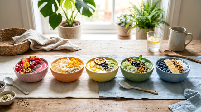 Multiple smoothie bowls in rainbow colors with fruit toppings, aesthetic breakfast photography, pastel styling.