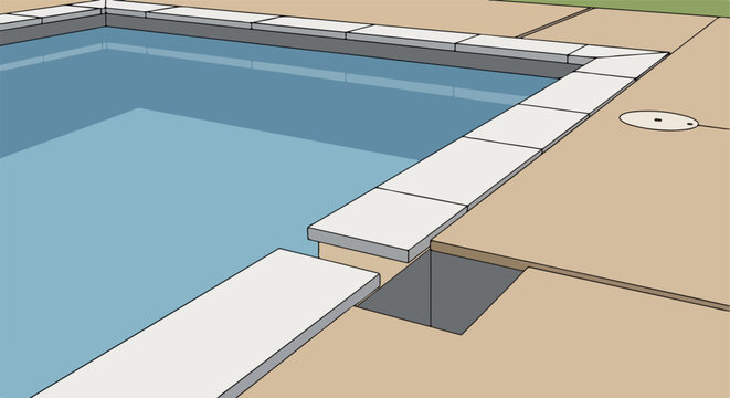 Clean vector illustration of a light blue swimming pool with stone coping and tan deck