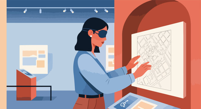 Woman in VR glasses interacts with a digital map at an accessible museum exhibit