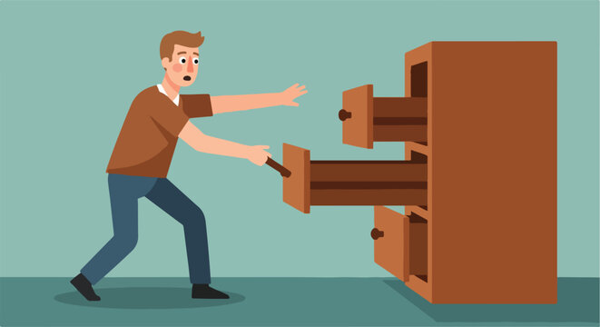 Man with wide eyes pulling drawers from a cabinet, looking shocked or surprised
