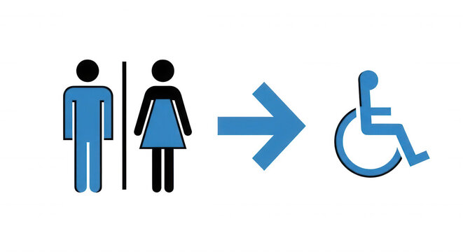 Blue restroom signage featuring male, female, and wheelchair accessible with a right pointing directional arrow on a black background