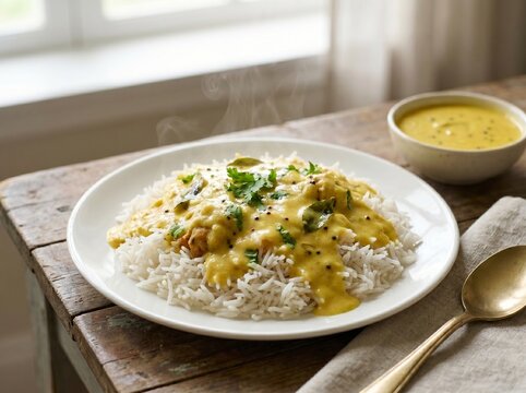 Delicious Kadhi Pakoda Rice in Ceramic Plate