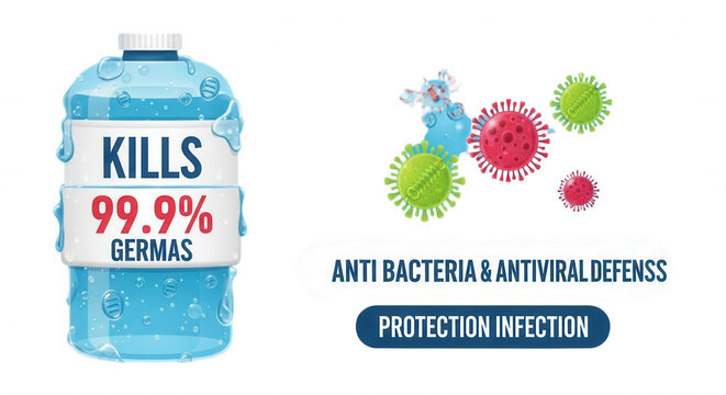 Blue water bottle with kills 99.9 percent germs text, floating colorful virus and bacteria cells, and anti-bacterial protection labels on