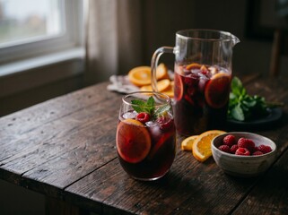 Chilled red sangria with orange slices and raspberries served in a pitcher and glass on a rustic wooden table.