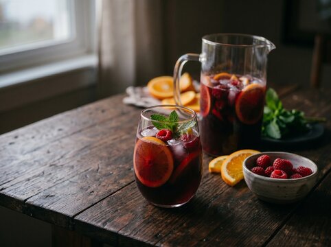 Chilled red sangria with orange slices and raspberries served in a pitcher and glass on a rustic wooden table.