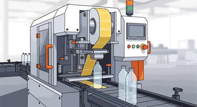 Industrial labeling machine applies yellow labels to clear plastic bottles on conveyor