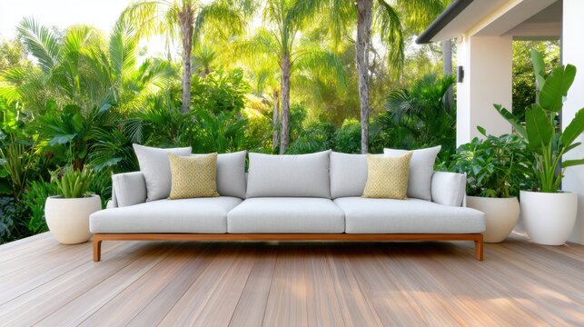 Scandi tropical terrace, centered oversized weatherproof grey sofa, teak wood deck, lush jungle palm view, warm sunset light, relaxing