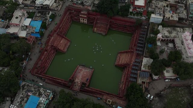 Aerial view of Shri Krishna Janmabhoomi Temple and Idgah Mosque of Mathura, India.