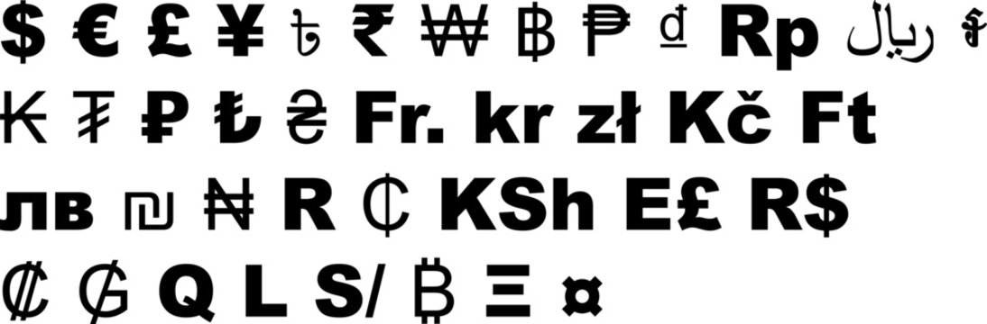Currency symbols vector illustration pack featuring global monetary signs and abbreviations including dollar, euro, pound, yen, rupee, bitcoin, and more.