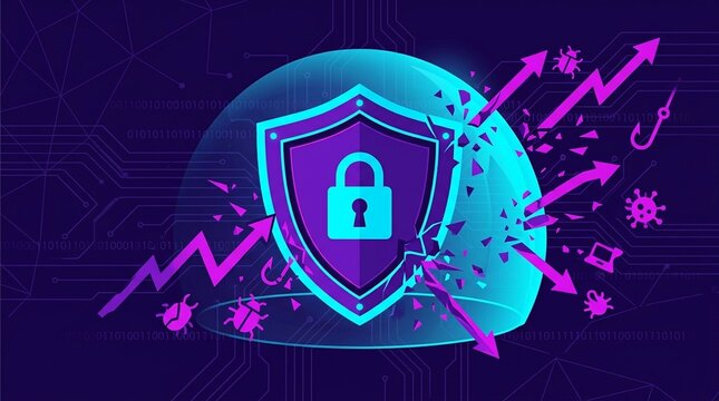 Cybersecurity threat shield shield blocking cyber threat arrows and malware icons
