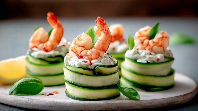 Shrimp appetizer with cream and cucumber slices on a plate