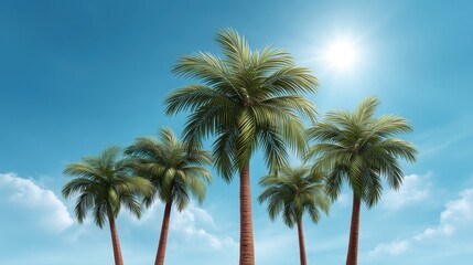Obraz premium Lush Palm Trees Under a Bright Blue Sky with Sun and Fluffy Clouds Creating a Tropical Paradise Atmosphere