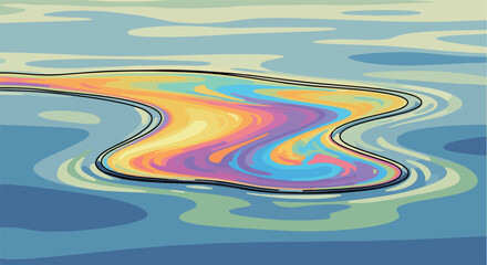 Obraz premium Stylized illustration of vibrant oil slick pollution swirling on a blue water surface