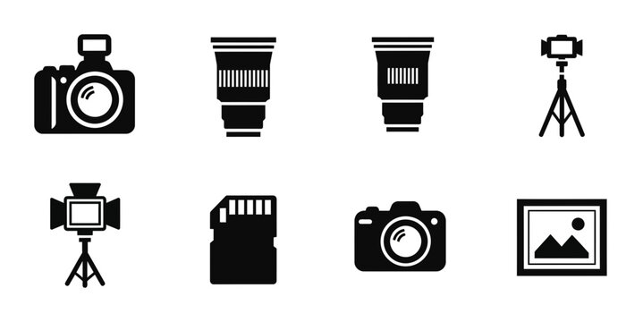 8 Photography icons featuring camera lens, tripod, sd card and studio light, outline solid styles, UI and web interface design