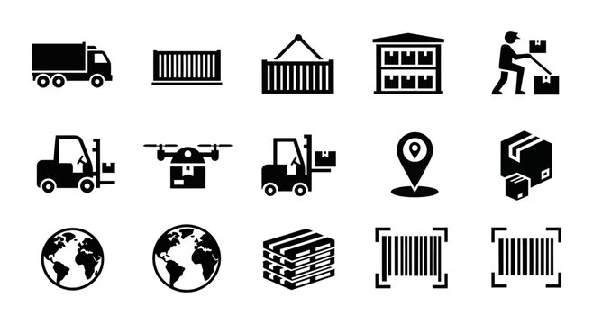 15 Logistics icons truck warehouse forklift container barcode, outline solid styles, UI and web interface design