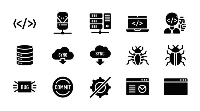 15 Programming icons featuring server, cloud sync, bug, laptop and code, outline solid styles, UI and web interface design