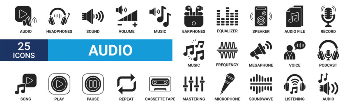 Audio icon set. Containing headphones, sound, music, volume, earphones, equalizer and speaker icons. Glyph icon collection. Vector illustration.