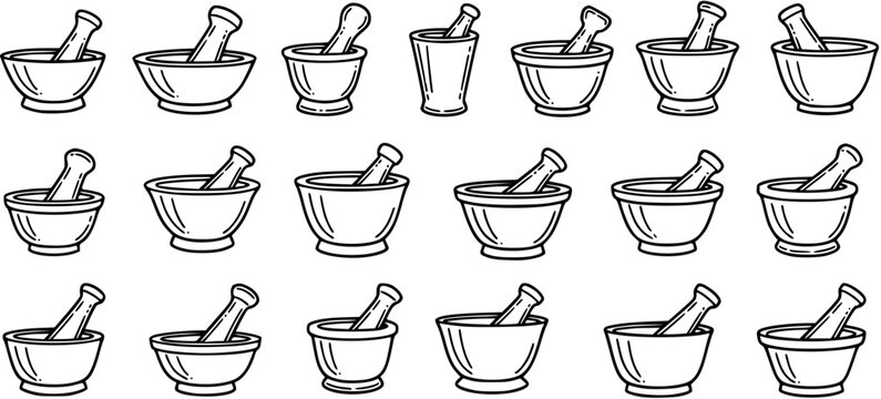 Black and White Line Art Set of Mortar and Pestle Icons for Pharmacy and Kitchen