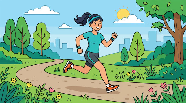 Active woman running along a sunlit park trail during outdoor exercise.