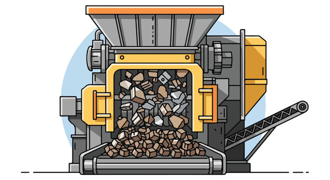 Vector illustration of a large industrial rock crushing machine with a conveyor belt