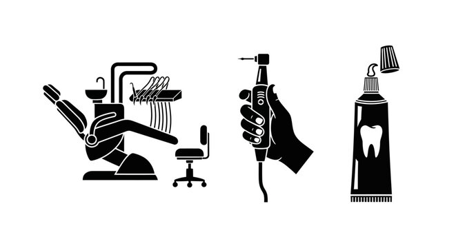 Dental Chair, Handpiece, Toothpaste Icons - Black and White Vector Graphics