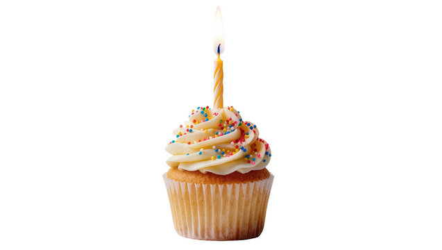 Single lit birthday candle on a frosted cupcake with sprinkles, isolated on transparent background