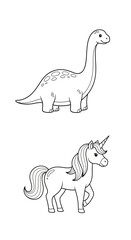 Fototapeta premium Cute cartoon dinosaur and unicorn illustration, isolated on white background.