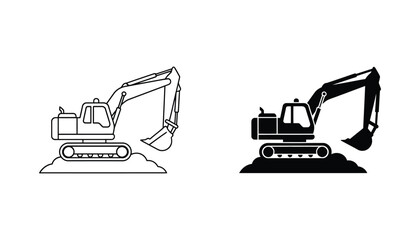 Line art and solid black silhouette icons of an excavator on a mound of dirt © Lucid