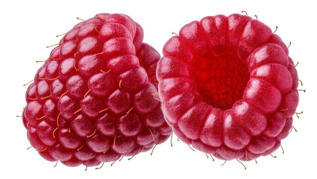Two ripe red raspberries with tiny hairs, isolated on transparent background
