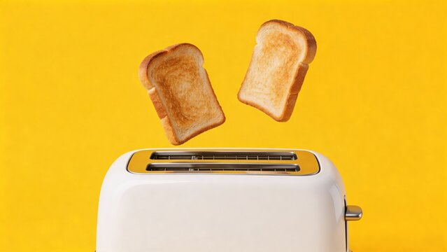 A creative still life photo of a toaster in action, capturing the moment when two slices of toast pop up into the air, set against a vibrant yellow backdrop.