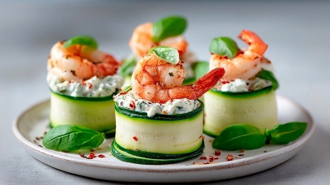 Shrimp appetizer with cream and cucumber slices on a plate