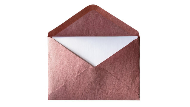Rose gold textured envelope with white paper insert, isolated on transparent background