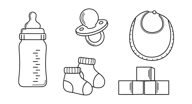 Baby Essentials Set: Bottle, Pacifier, Bib, Socks, and Blocks - Line Art