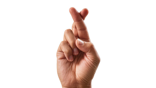 Human hand with crossed fingers, isolated on transparent background
