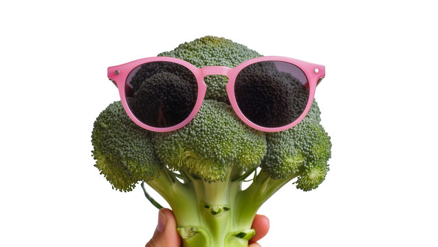 Green broccoli wearing pink sunglasses, isolated on transparent background