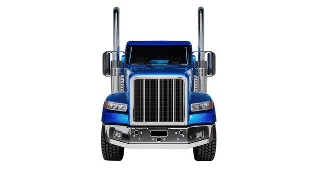 Shiny blue semi-truck with chrome accents, isolated on transparent background