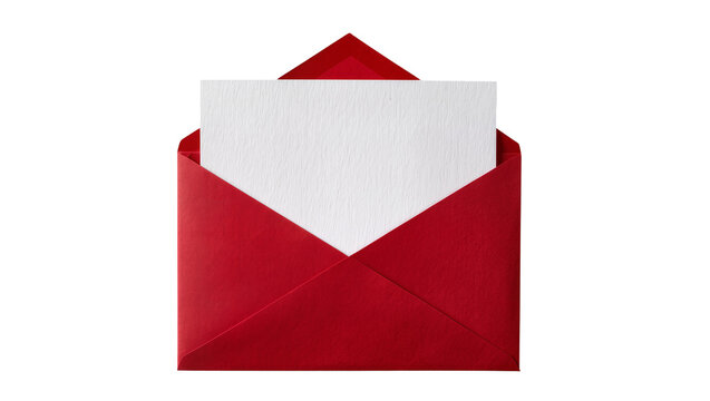 Open red envelope with blank white paper card inside, isolated on transparent background