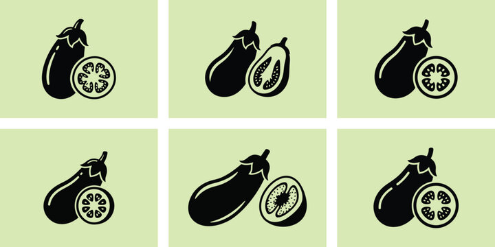 Black silhouette illustrations of eggplants and melons on green background