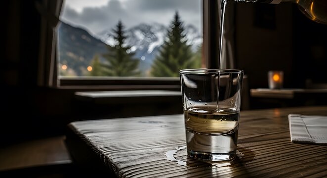 A glass of white wine on a wooden table by a window with a scenic mountain view.