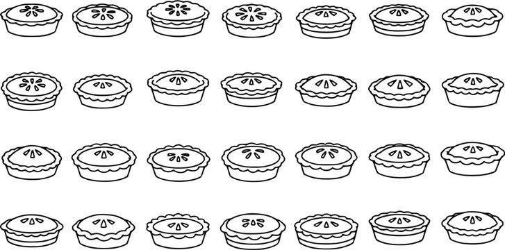 Black and White Line Art Vector Illustration of Mini Pies and Tarts Collection. Outline Icons of Baked Goods for Food, Baking, and Holiday Dessert Designs.