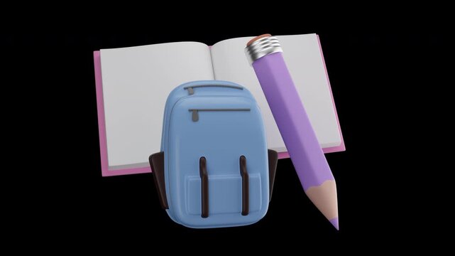 Colorful 3D render of a Back to School concept featuring floating school supplies, books, pencils, notebooks, backpack, and educational elements in a modern playful composition.