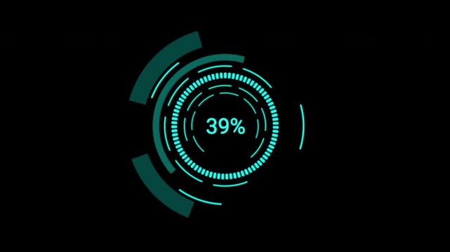 Realistic Loading Data HUD Display for cyber security. Rotating circle graphs and digital sliders. Professional UI asset.